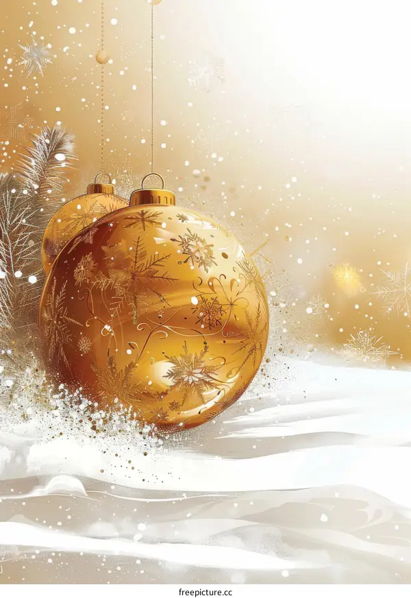 Golden Christmas Ornaments in a Winter Wonderland