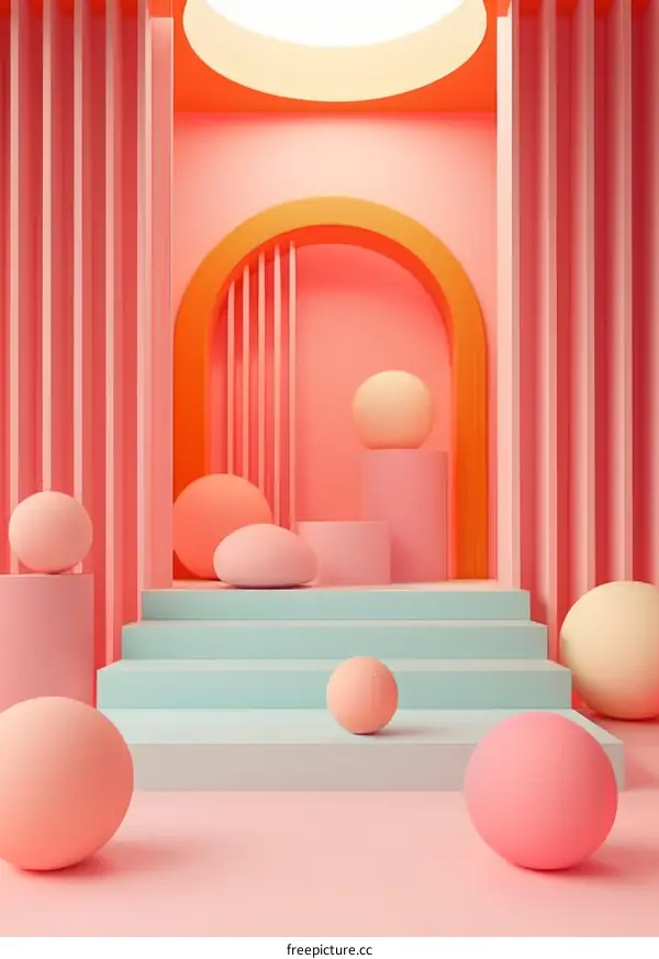 3D rendering of a pink and blue podium with pink and yellow balls