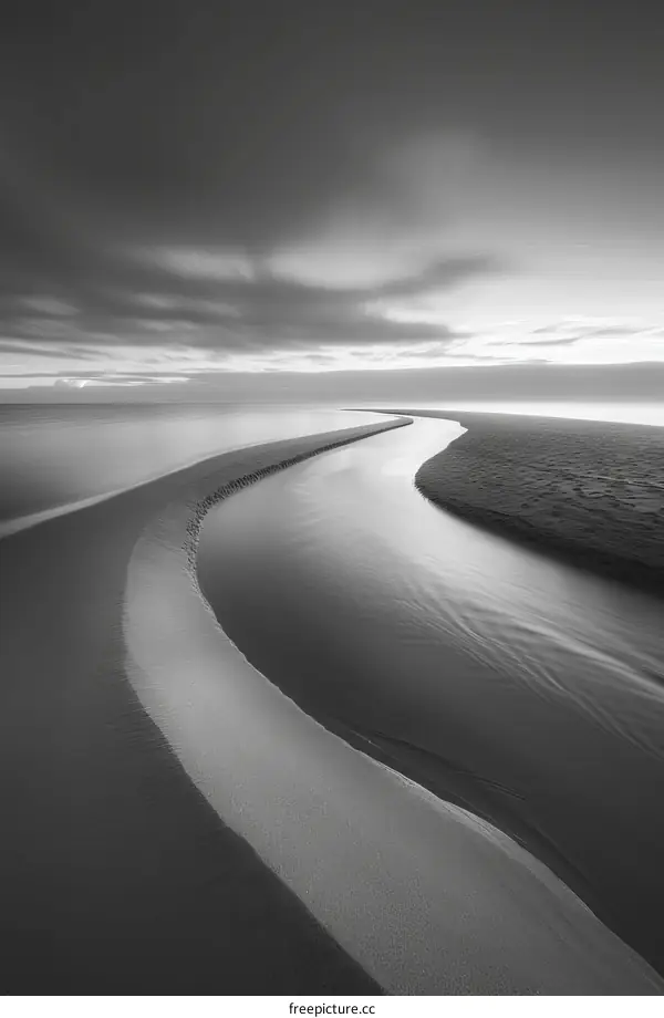 Meandering Tidal Creek Through a Salt Marsh at Low Tide, Black and White Photo
