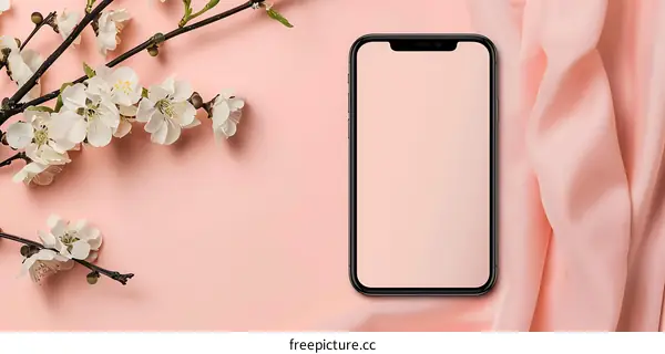 Pink Background With A Smartphone And Flowers