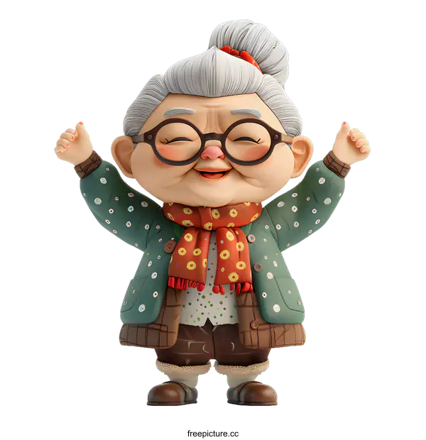 [Transparent Background PNG]Smiling Cartoon Elderly Woman With White Hair And Glasses Wearing Green Coat Raising Hands Up