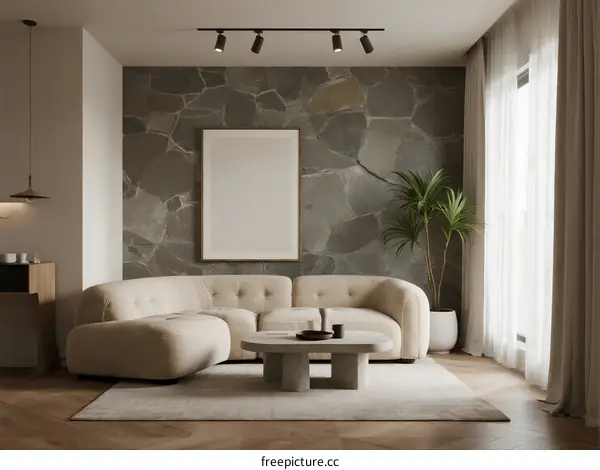 Modern Living Room with Stone Accent Wall and Comfortable Sofa