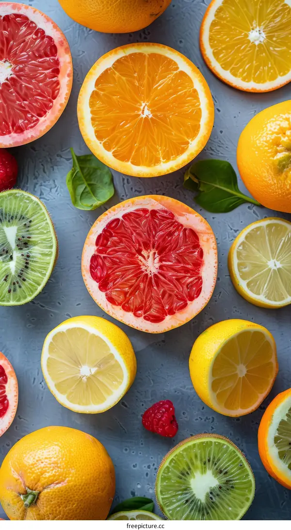 Various citrus fruits and kiwis