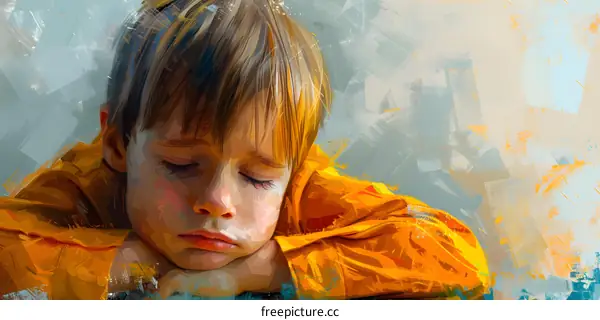 A Young Boy Sleeping with His Eyes Closed in a Painting