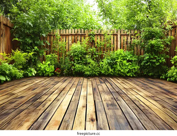 Wooden Deck Patio With Green Bushes And A Fence