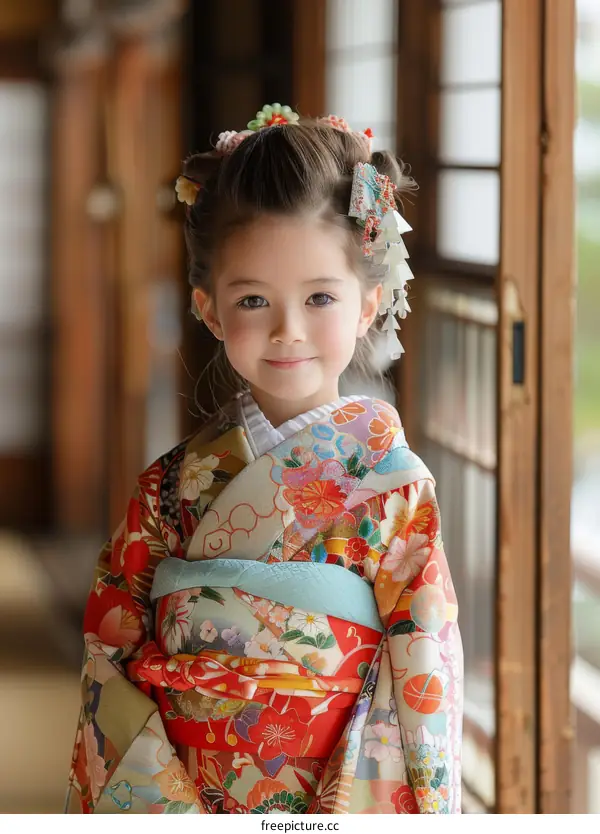 A cute little Japanese girl in a kimono