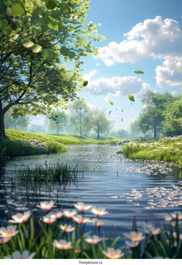 Tranquil River Scene with Lush Trees and Flowers