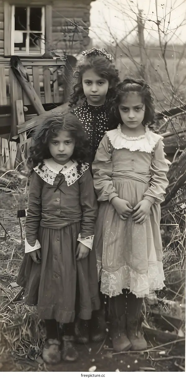 Three Young Girls Posing In Front Of A Wooden House In A Rural Setting