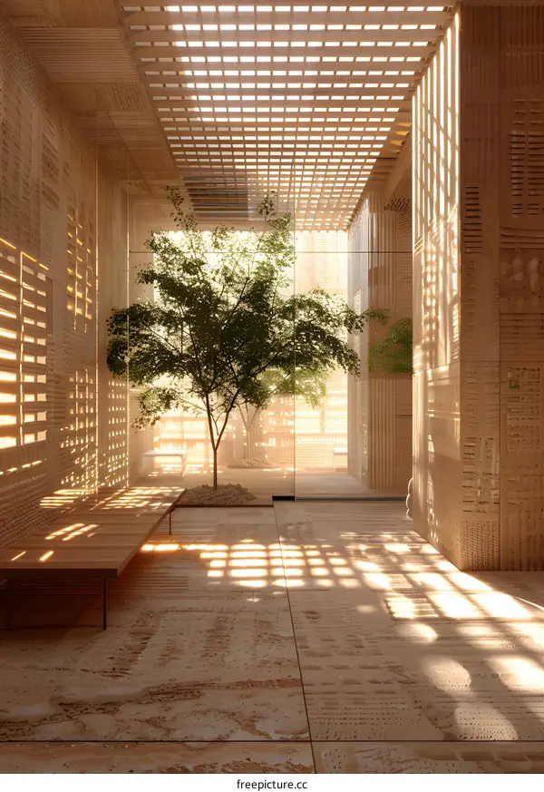 Sunlight shining through a pergola onto a stone floor