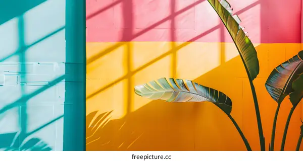 Tropical Plant Leaves in Front of Colorful Wall