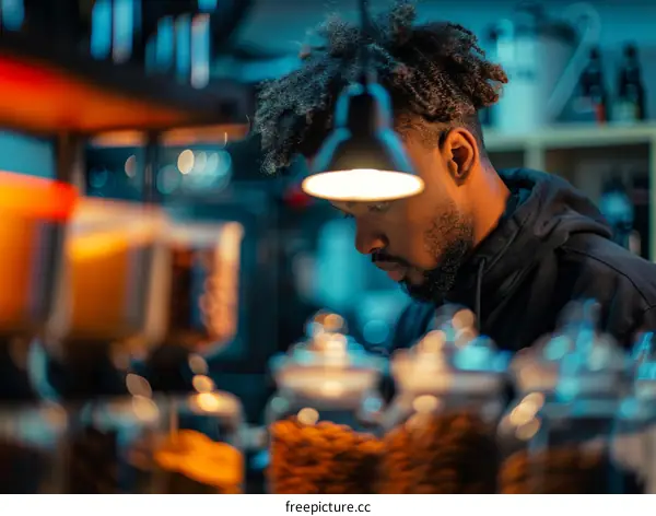 pensive black man looking at coffee jars