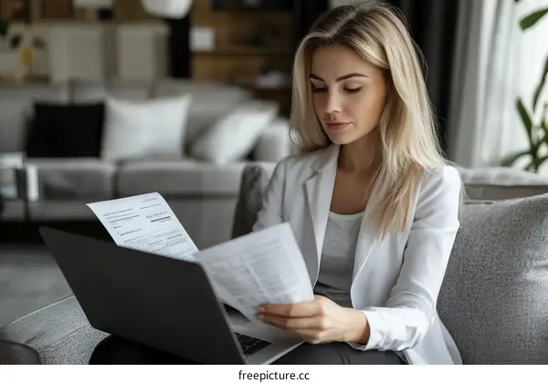 Woman Reading Documents at Home