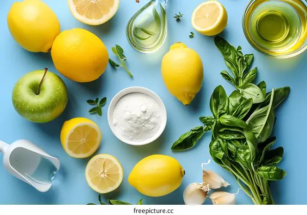 Fresh Lemons, Basil, Garlic, Green Apple and Sugar on Blue Background