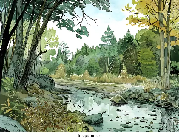 Watercolor Illustration of a River in a Forest