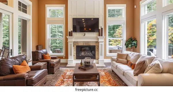 A Comfortable Living Room with Fireplace and Rug