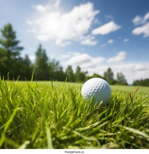 Close-up of a golf ball on the green with the fairway and trees in the background