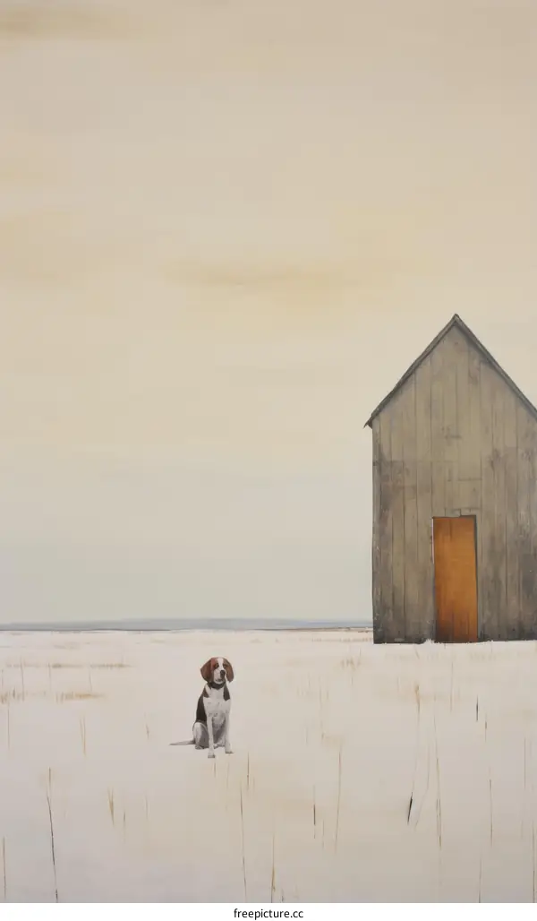 Dog and Barn in Snowy Field