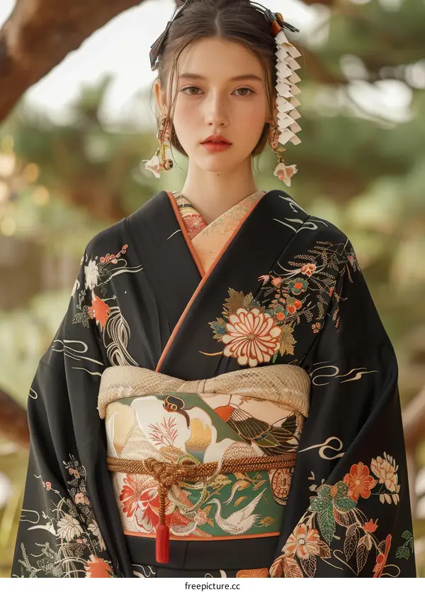 Young Woman in Traditional Japanese Kimono with Floral Patterns