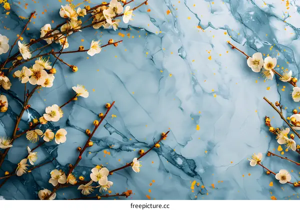 White Flowers on Blue Marble Background with Gold Glitter