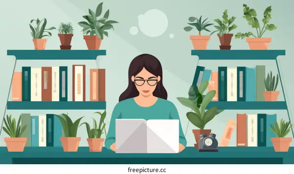 A young woman is sitting at a desk in a library, reading a book.