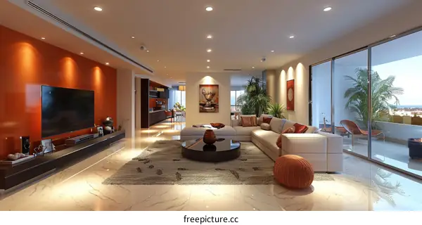 Modern Minimalist Living Room with City View and Balcony