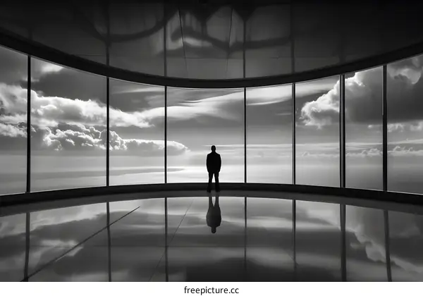 Silhouette of a Man Standing by a Window Looking at the View of the Ocean and Sky