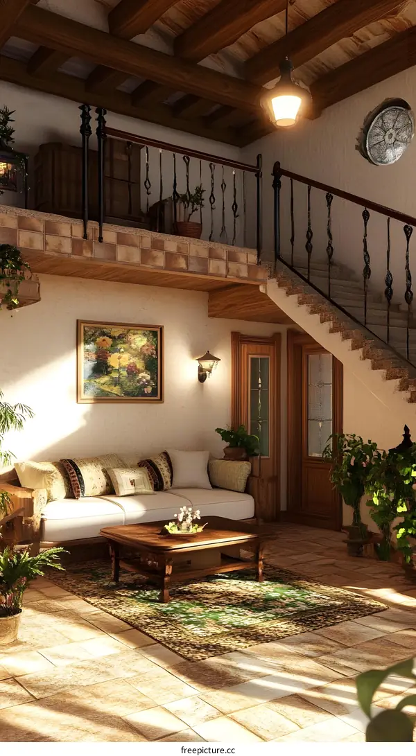 Rustic Living Room Interior Design With Wooden Beams And Staircase