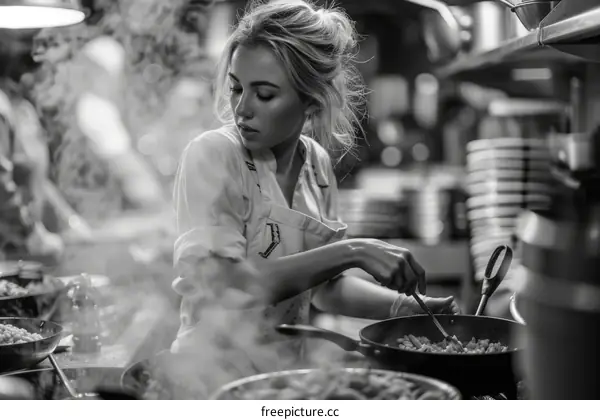 Focused female chef cooking in a commercial kitchen