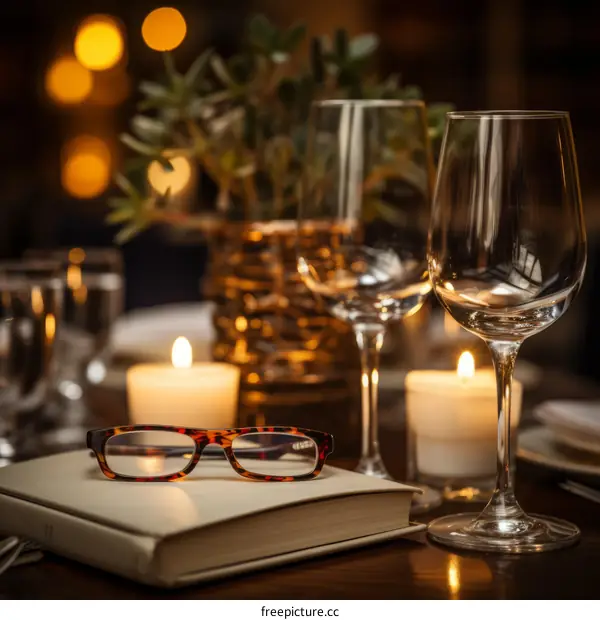 glasses on a book with wine glasses and candles on a table