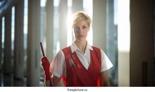 A woman with short blonde hair wearing a red apron and white blouse holds a mop and looks at the camera