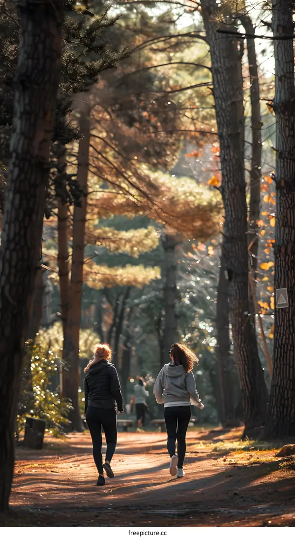Two Women Jogging in a Forest Path