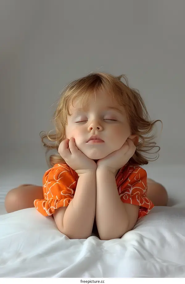 Little girl sleeping on a white blanket