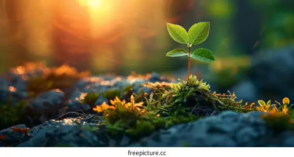 A small plant is growing on a rock in the forest with sunlight shining on it