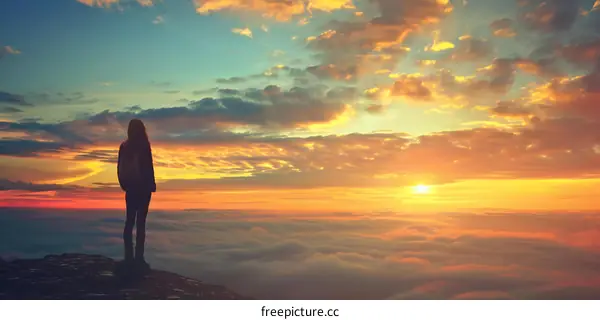 Silhouette of Woman Standing on Cliff Overlooking Sunset Clouds