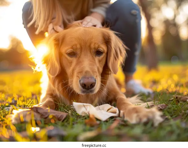 Golden Retriever lying on the grass with a woman petting it