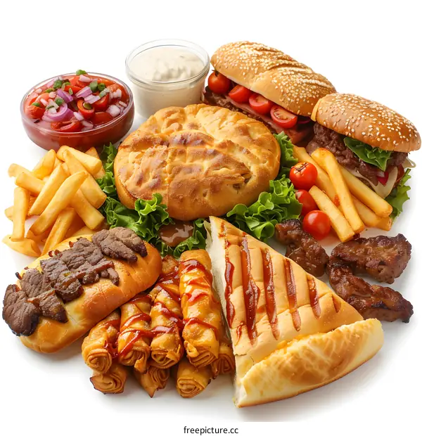 Fast food variety on white background