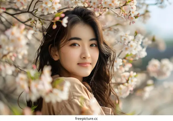 Portrait of a Young Asian Woman Standing in a Cherry Blossom Tree