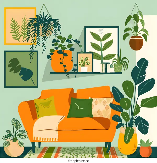 Living Room Interior Design with Plants and Sofa