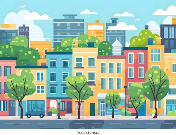 Colorful Cityscape Illustration With Buildings And Trees