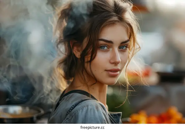 Portrait of a Serene Young Woman with Brown Hair and Blue Eyes