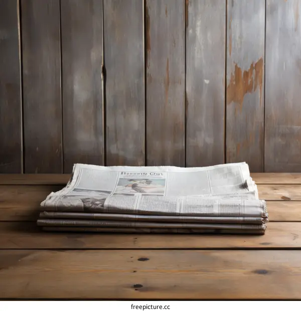 Folded Newspapers on a Wooden Surface