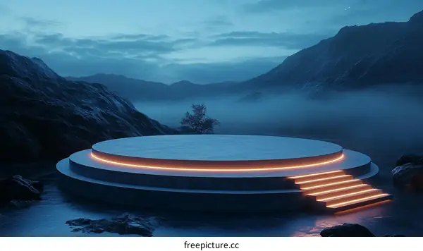 Empty Stage in a Misty Mountain Landscape