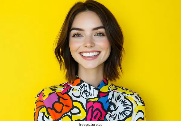 Smiling Woman in Colorful Fashion Design
