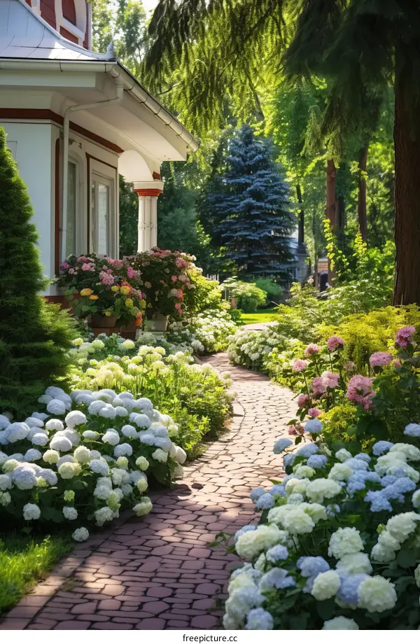 A beautiful garden with a stone path and colorful flowers