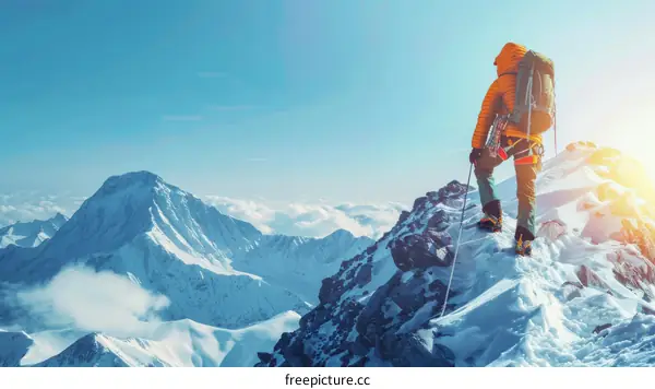 Mountaineer on the summit of the mountain with a beautiful landscape view