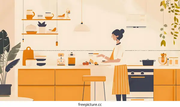 Woman Cooking in Modern Kitchen Interior Design