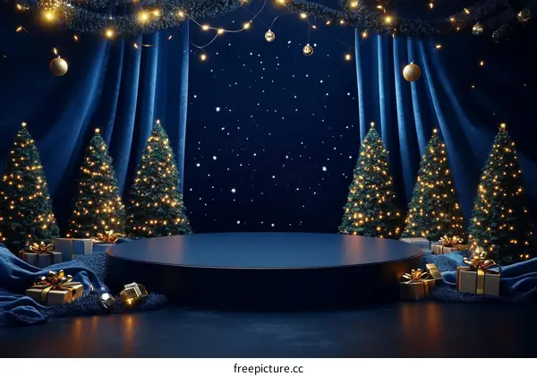Christmas Festive Scene with Illuminated Christmas Trees and Gifts