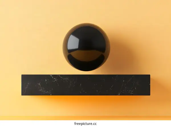 Black Sphere on Marble Shelf Minimalist 3D Rendering