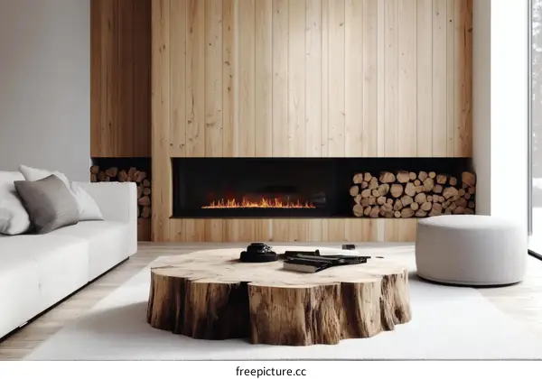 Modern Living Room with Fireplace and Wooden Accents