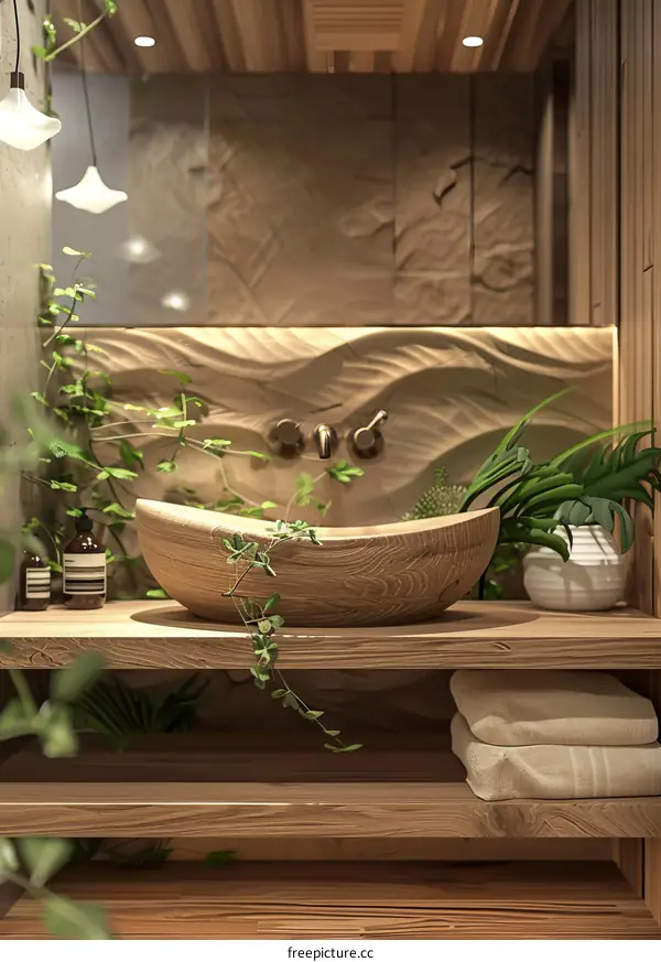 Wooden Sink with Natural Elements in a Stylish Bathroom